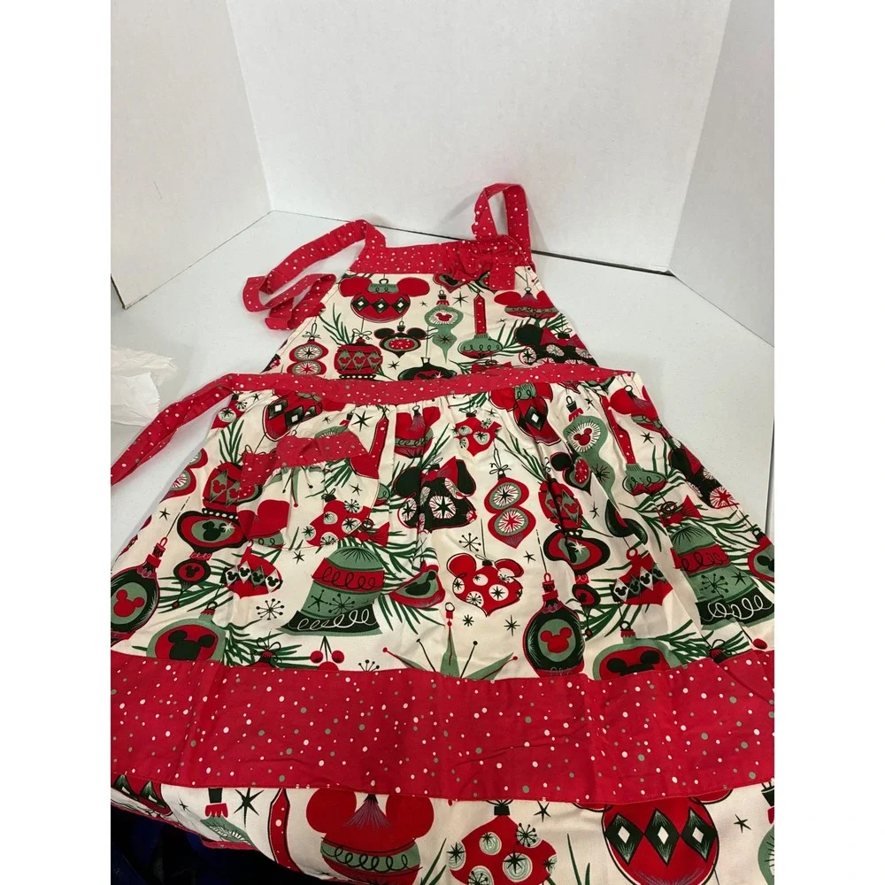 Disney Parks Mickey Mouse Holiday Ornament Apron Red Green Retro Christmas Adult